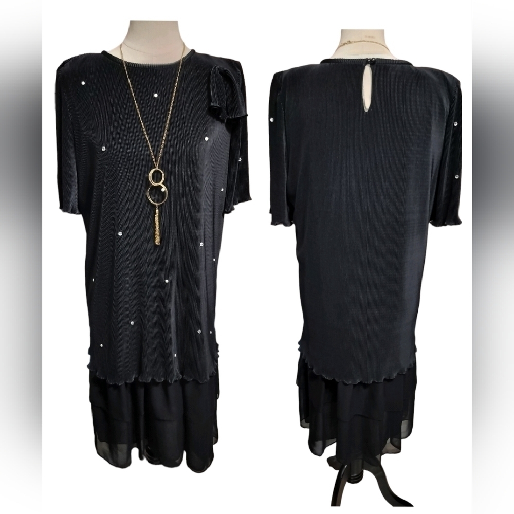 (1211)Canda Vtg 90's Women's Black Drop Waist Pearl Beading Bow Dress Size 16